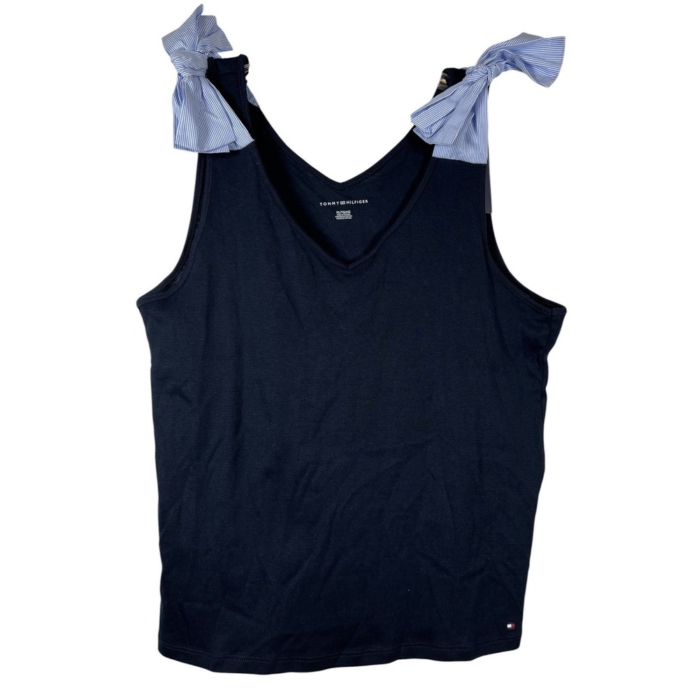 NWT TOMMY HILFIGER Sz XL Tank Top Bow Straps Navy Blue White Stripe V-Neck NEW